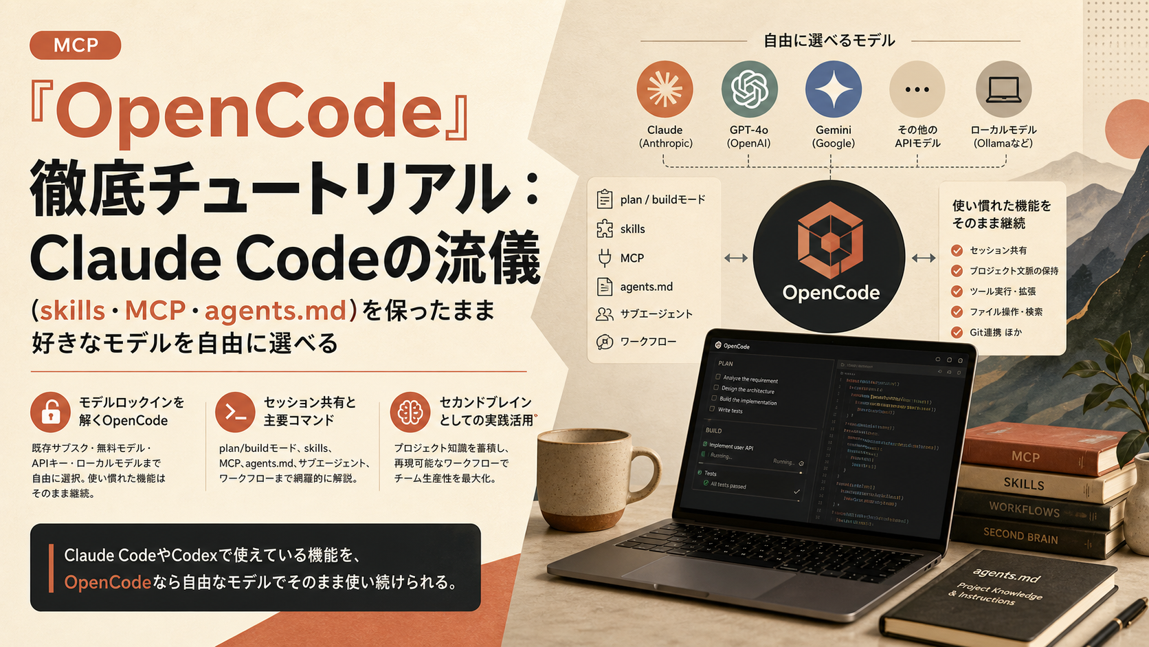 『OpenCode』徹底チュートリアル：Claude Codeの流儀(skills・MCP・agents.md)を保ったまま好きなモデルを自由に選べる