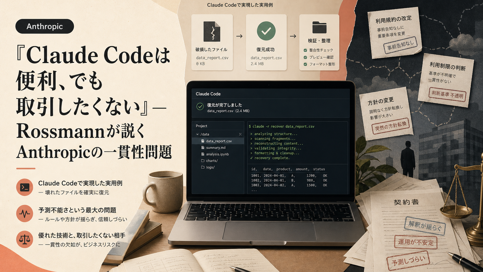 『Claude Codeは便利、でも取引したくない』— Rossmannが説くAnthropicの一貫性問題