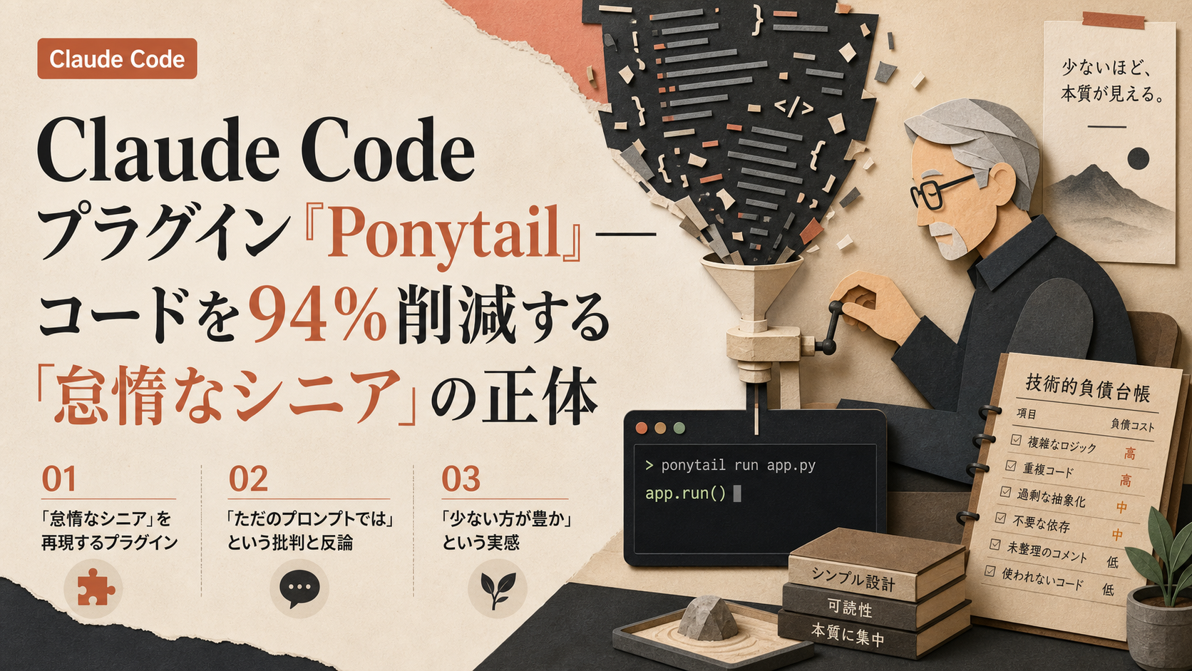 Claude Code プラグイン『Ponytail』— コードを94%削減する『怠惰なシニア』の正体