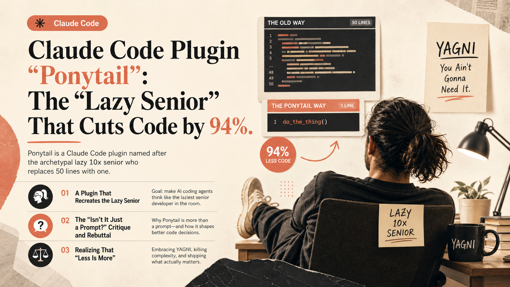 Claude Code Plugin "Ponytail": The "Lazy Senior" That Cuts Code by 94%