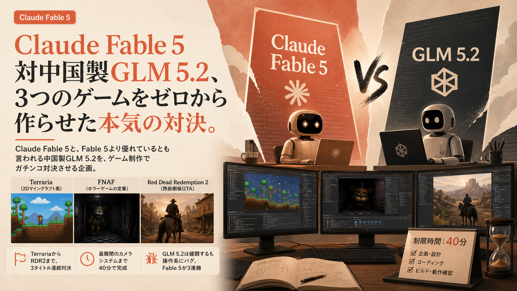 Claude Fable 5対中国製GLM 5.2、3つのゲームをゼロから作らせた本気の対決