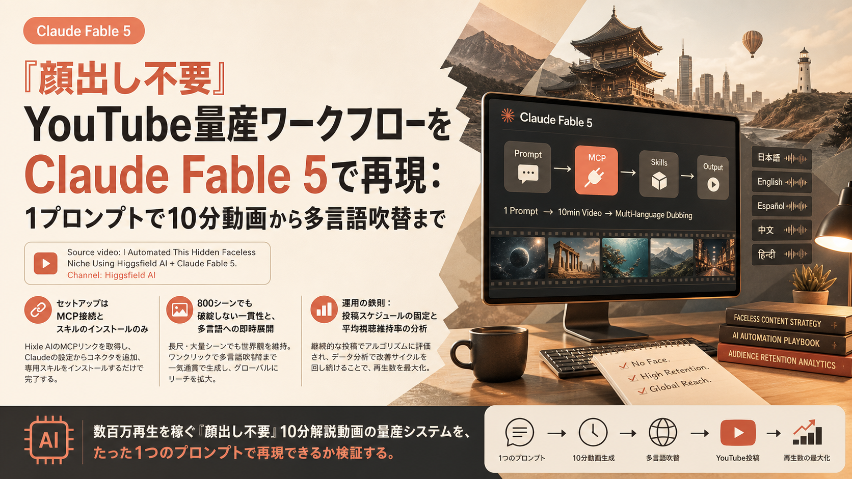 『顔出し不要』YouTube量産ワークフローをClaude Fable 5で再現：1プロンプトで10分動画から多言語吹替まで