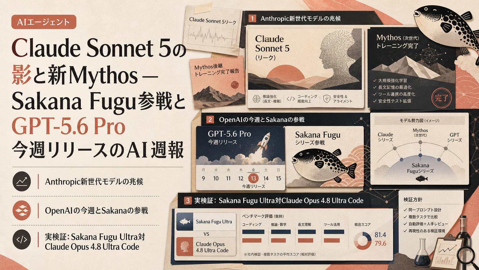 Claude Sonnet 5の影と新Mythos — Sakana Fugu参戦とGPT-5.6 Pro今週リリースのAI週報