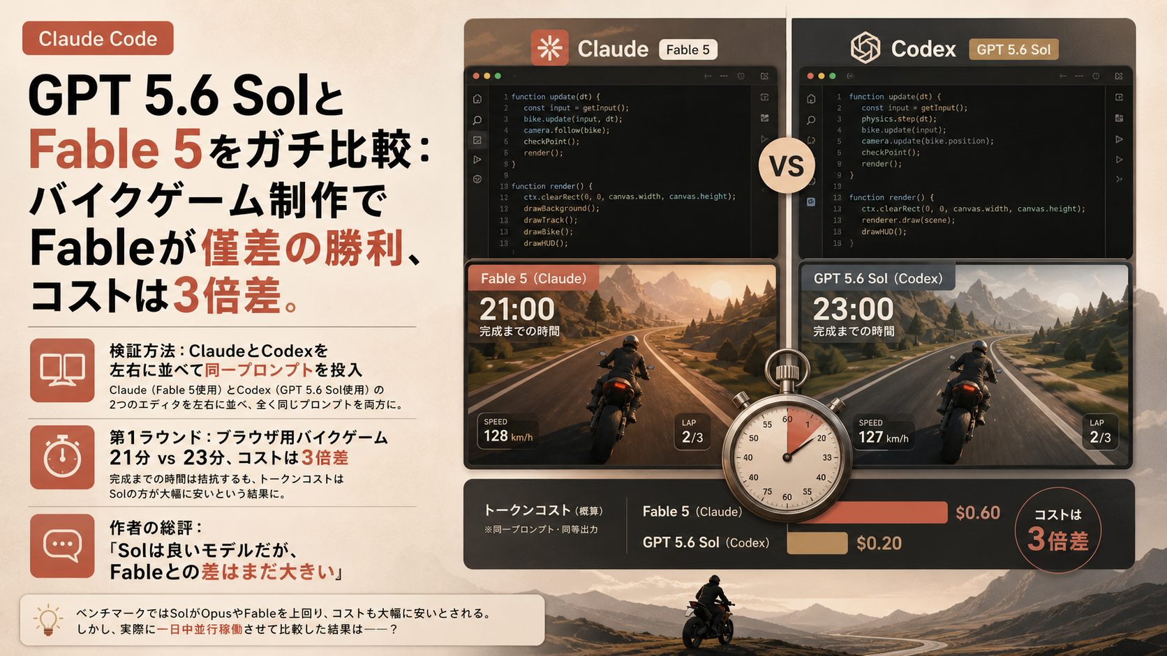 GPT 5.6 SolとFable 5をガチ比較：バイクゲーム制作でFableが僅差の勝利、コストは3倍差
