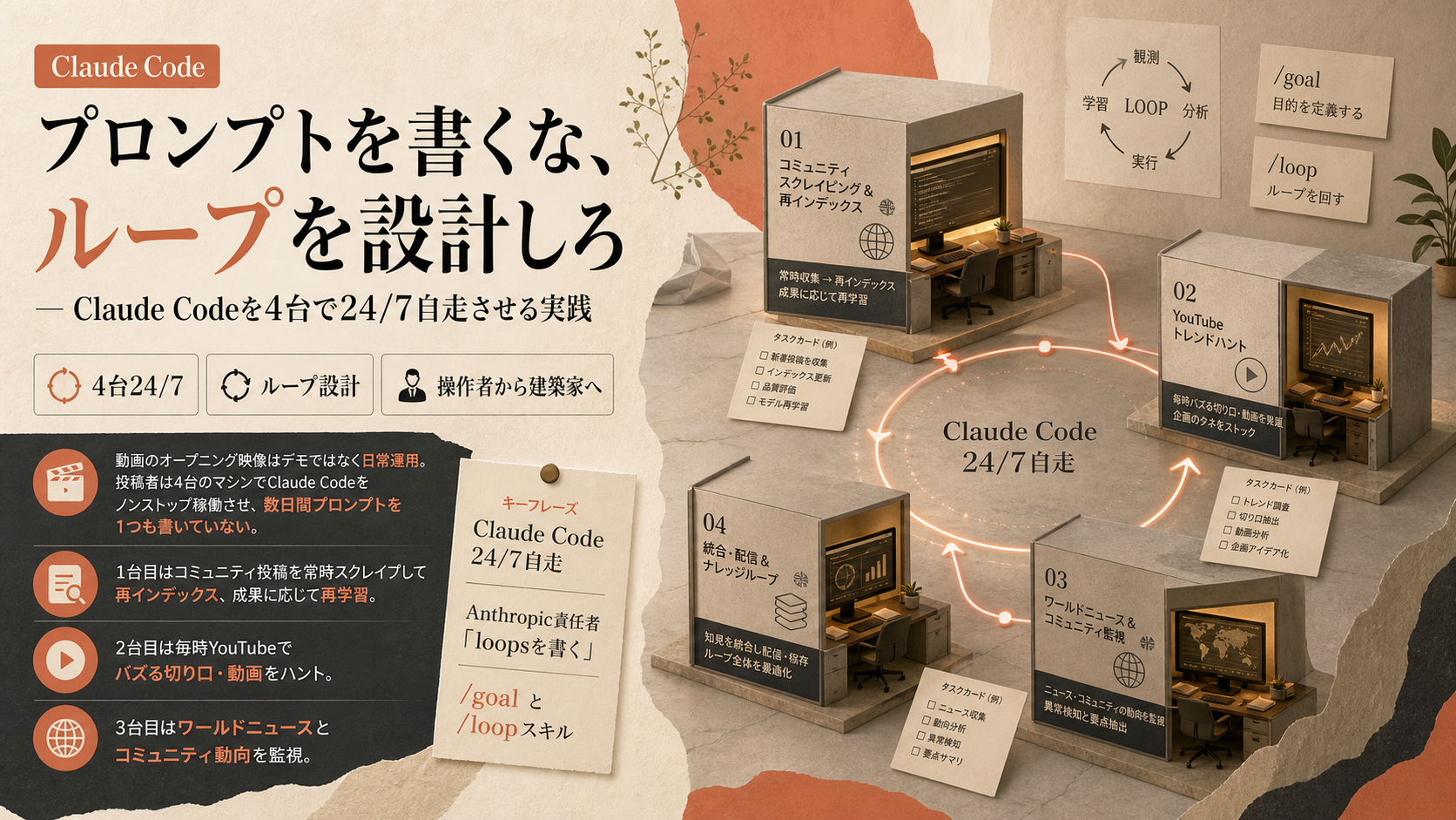 『プロンプトを書くな、ループを設計しろ』 — Claude Codeを4台で24/7自走させる実践