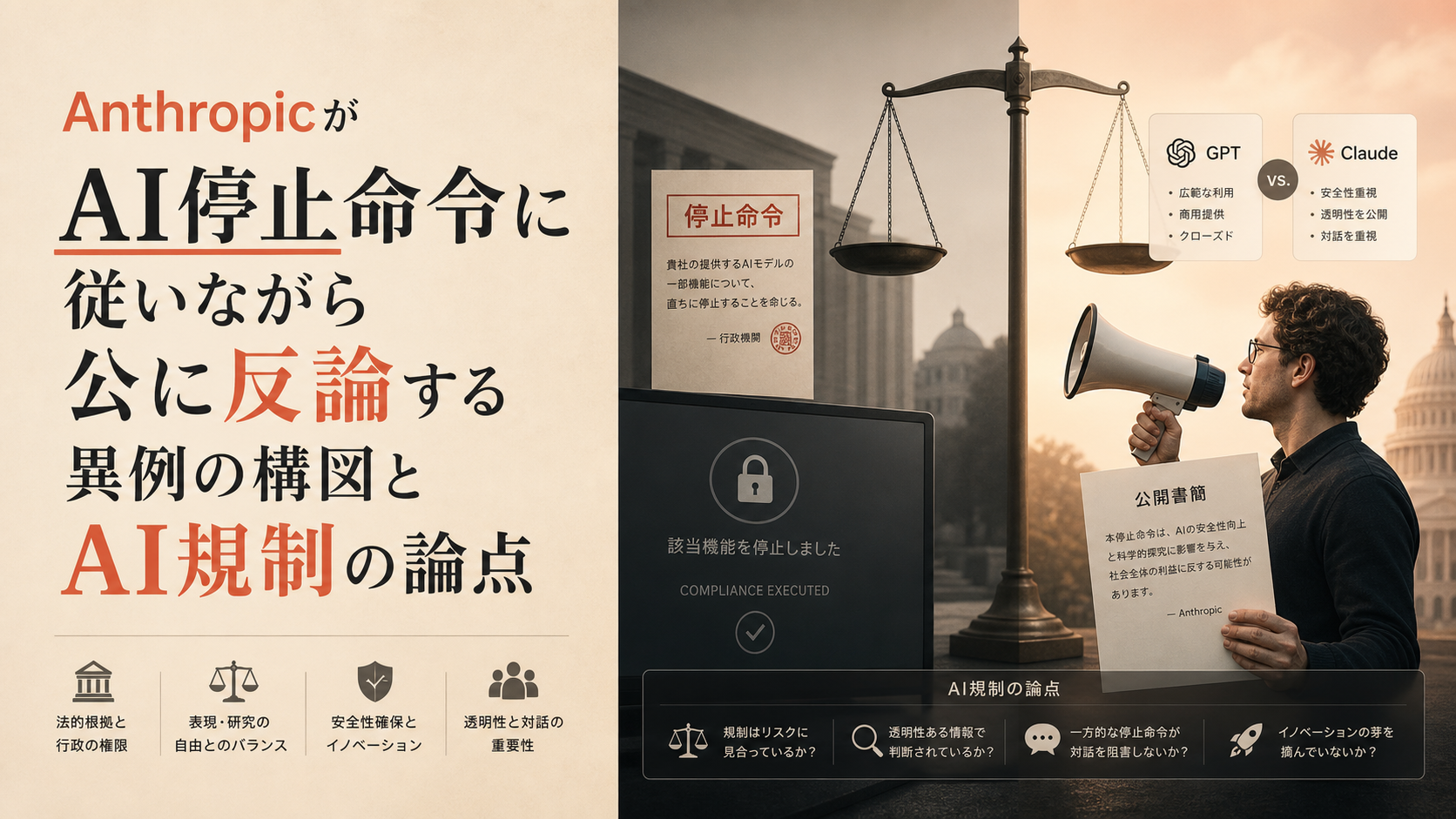 Anthropicが米政府の停止命令に従いつつ公に反論する異例の構図とAI規制の論点