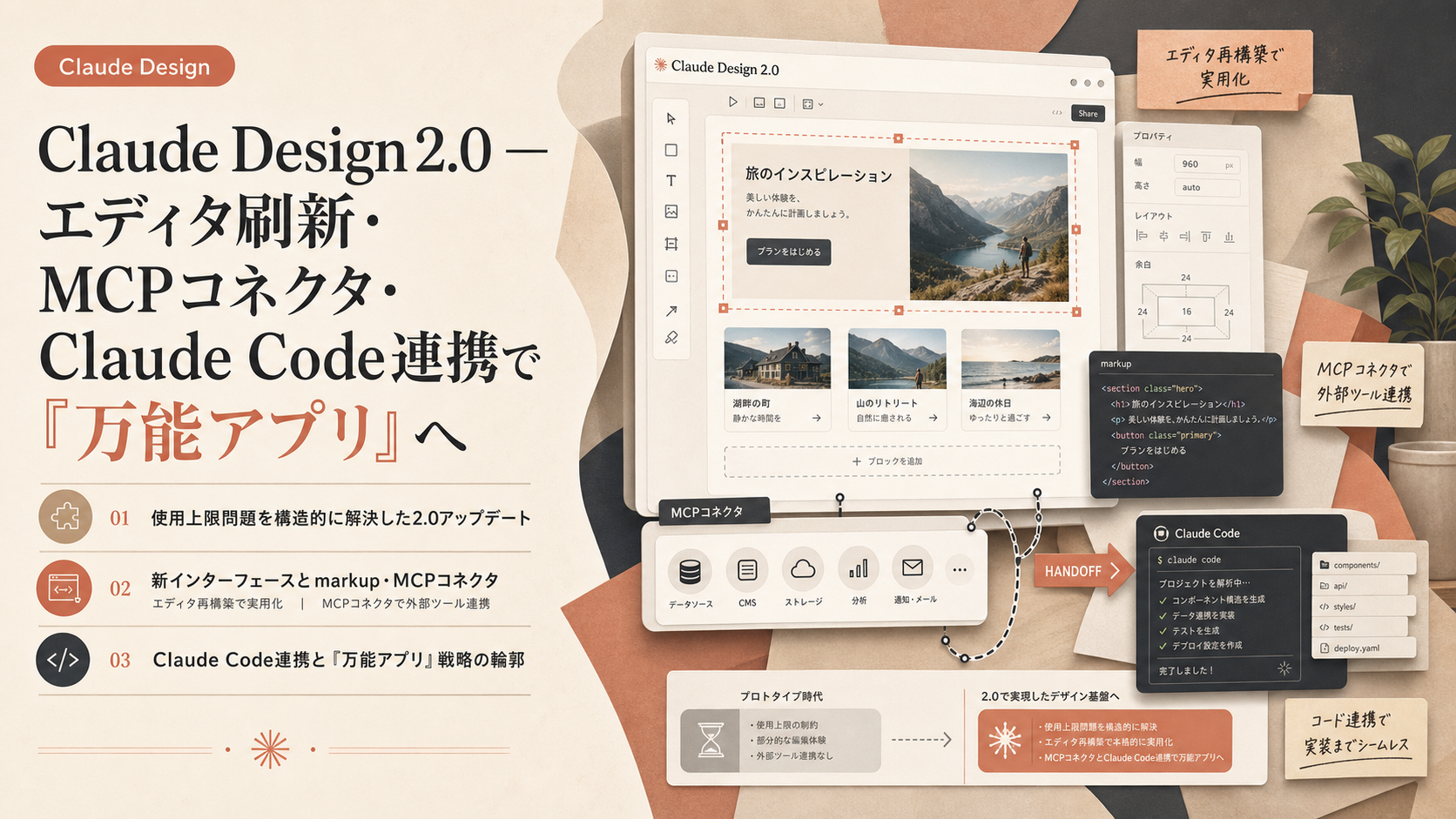 Claude Design 2.0 — エディタ刷新・MCPコネクタ・Claude Code連携で『万能アプリ』へ
