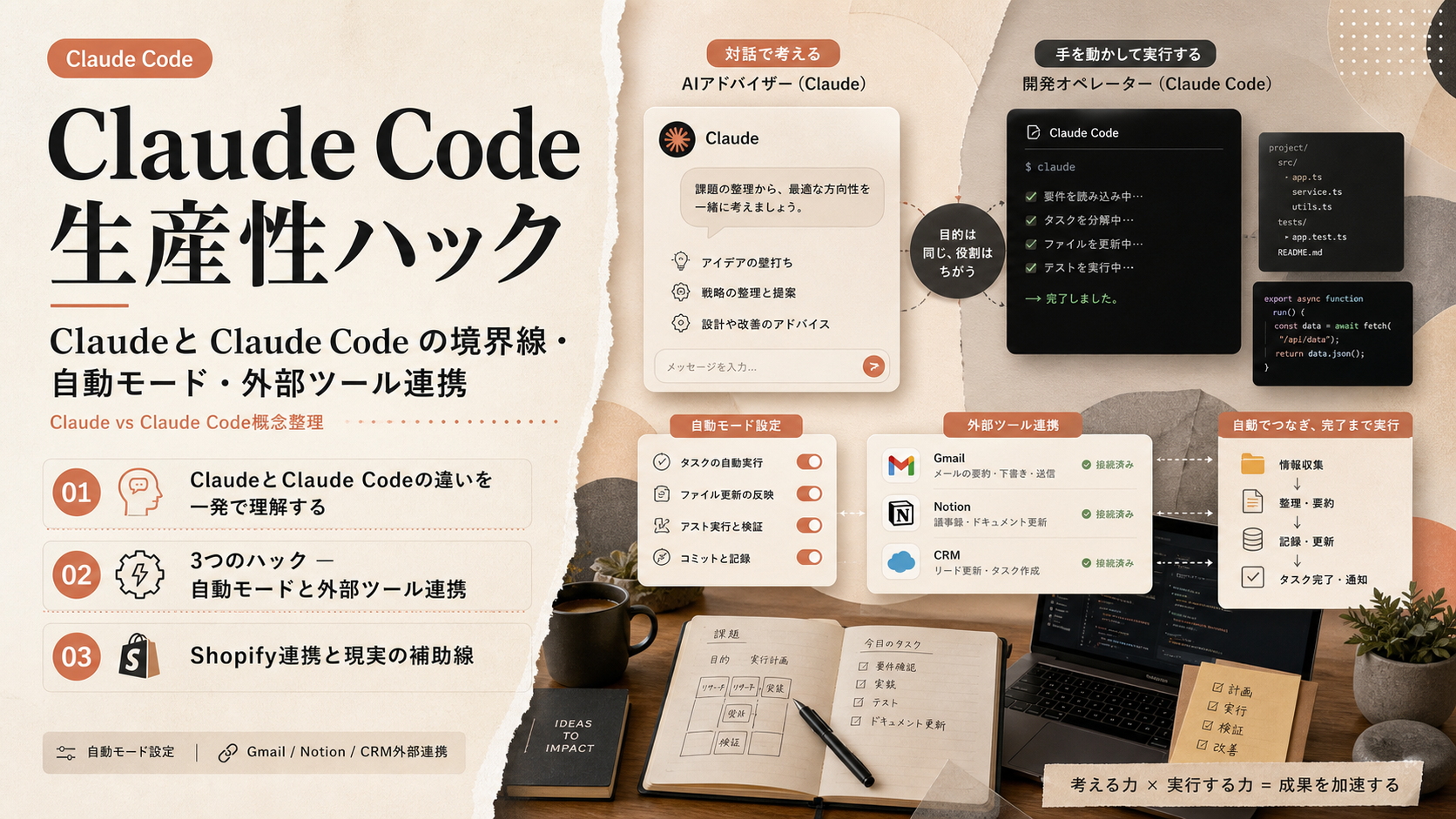 Claude Code 生産性ハック — Claudeと Claude Code の境界線・自動モード・外部ツール連携