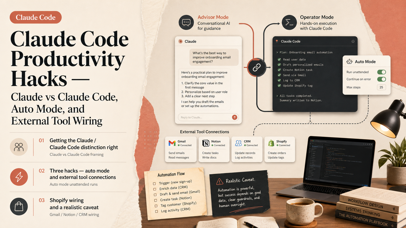 Claude Code Productivity Hacks — Claude vs Claude Code, Auto Mode, and External Tool Wiring