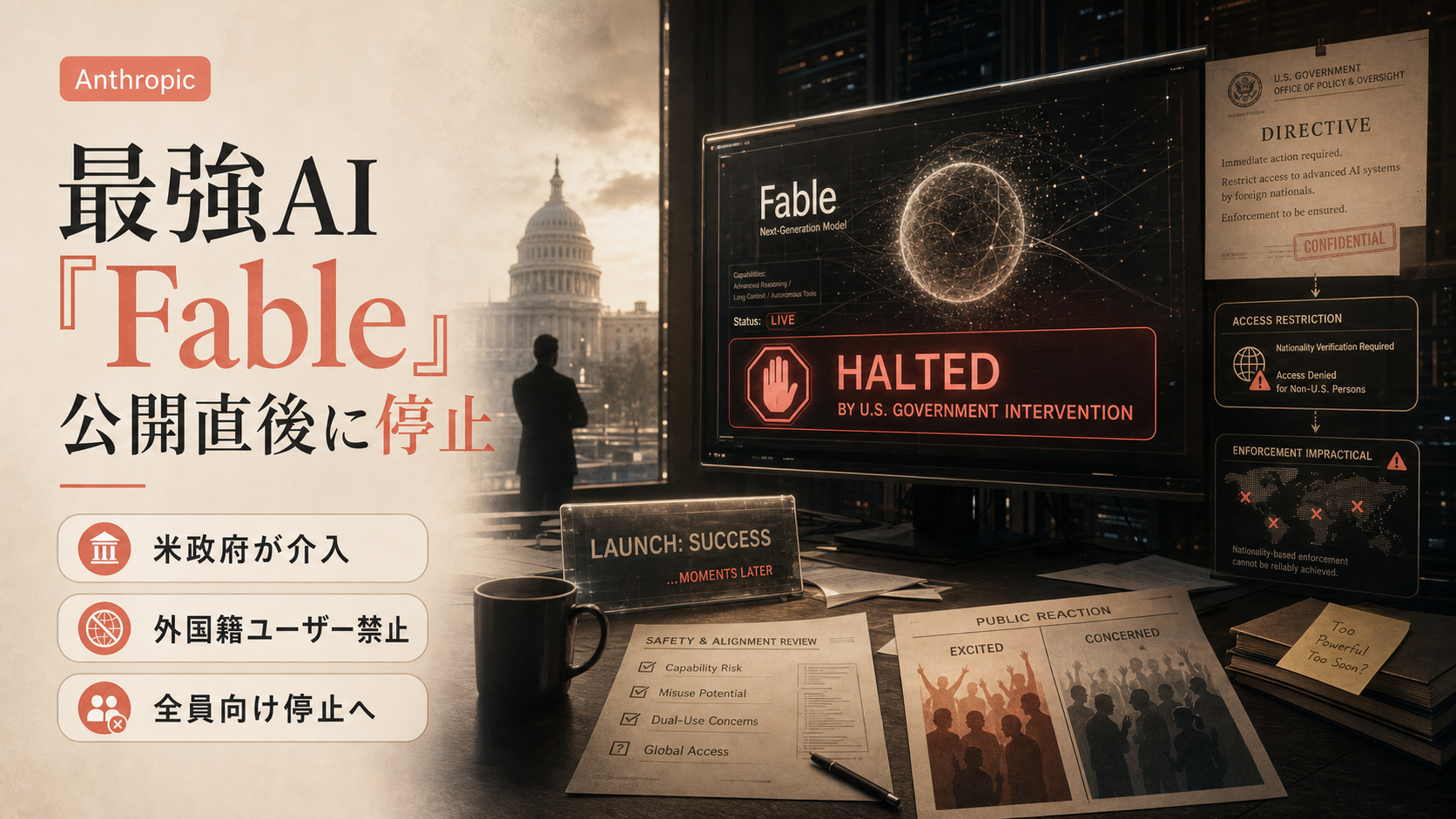 最強AI「Fable」を公開直後に米政府が制止 — 外国籍ユーザー禁止で全面停止へ