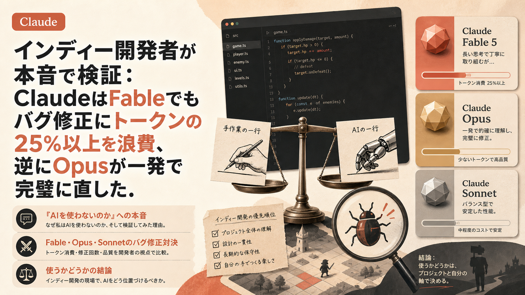 インディー開発者が本音で検証：ClaudeはFableでもバグ修正にトークンの25%以上を浪費、逆にOpusが一発で完璧に直した