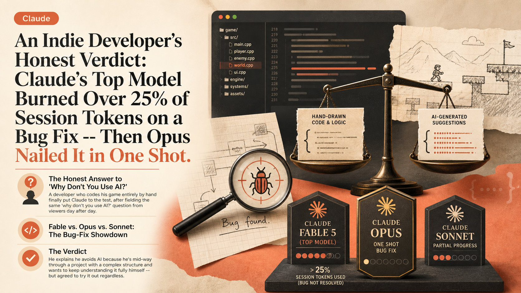An Indie Developer's Honest Verdict: Claude's Top Model Burned Over 25% of Session Tokens on a Bug Fix -- Then Opus Nailed It in One Shot