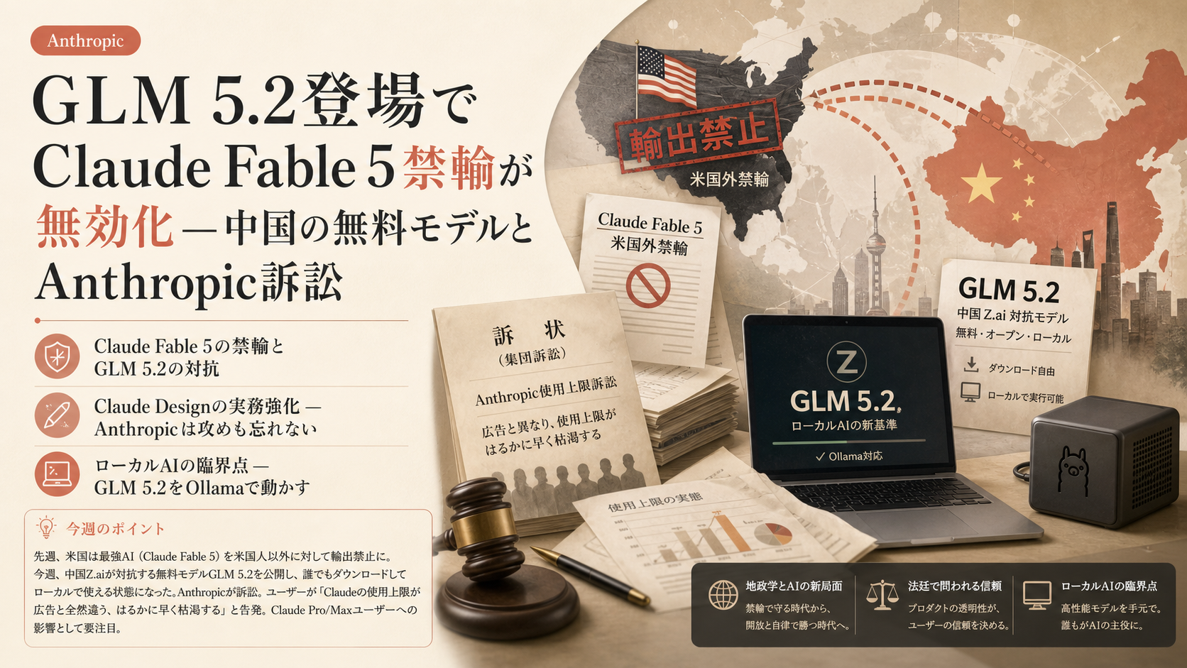 GLM 5.2登場でClaude Fable 5禁輸が無効化 — 中国の無料モデルとAnthropic訴訟