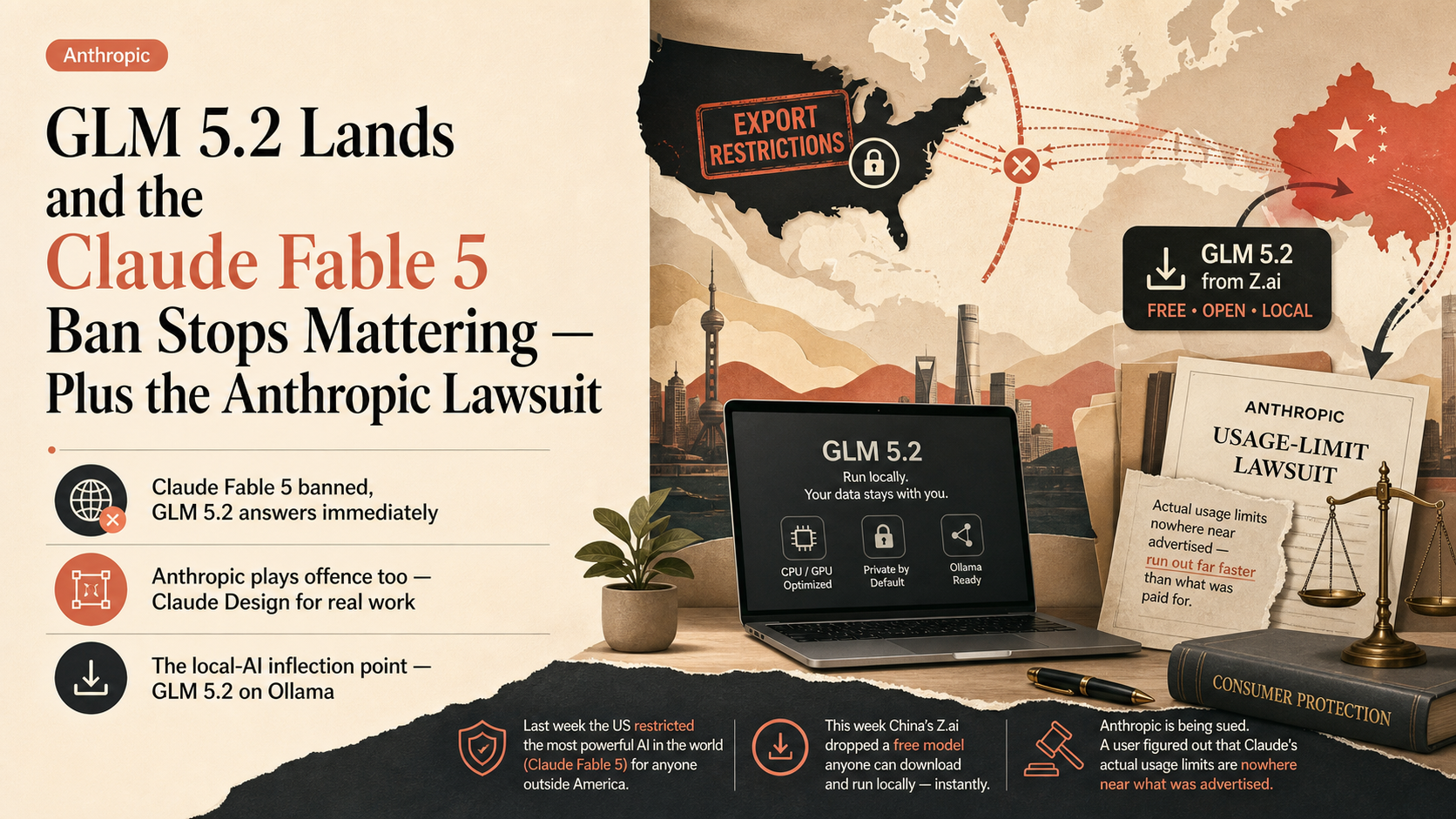 GLM 5.2 Lands and the Claude Fable 5 Ban Stops Mattering — Plus the Anthropic Lawsuit
