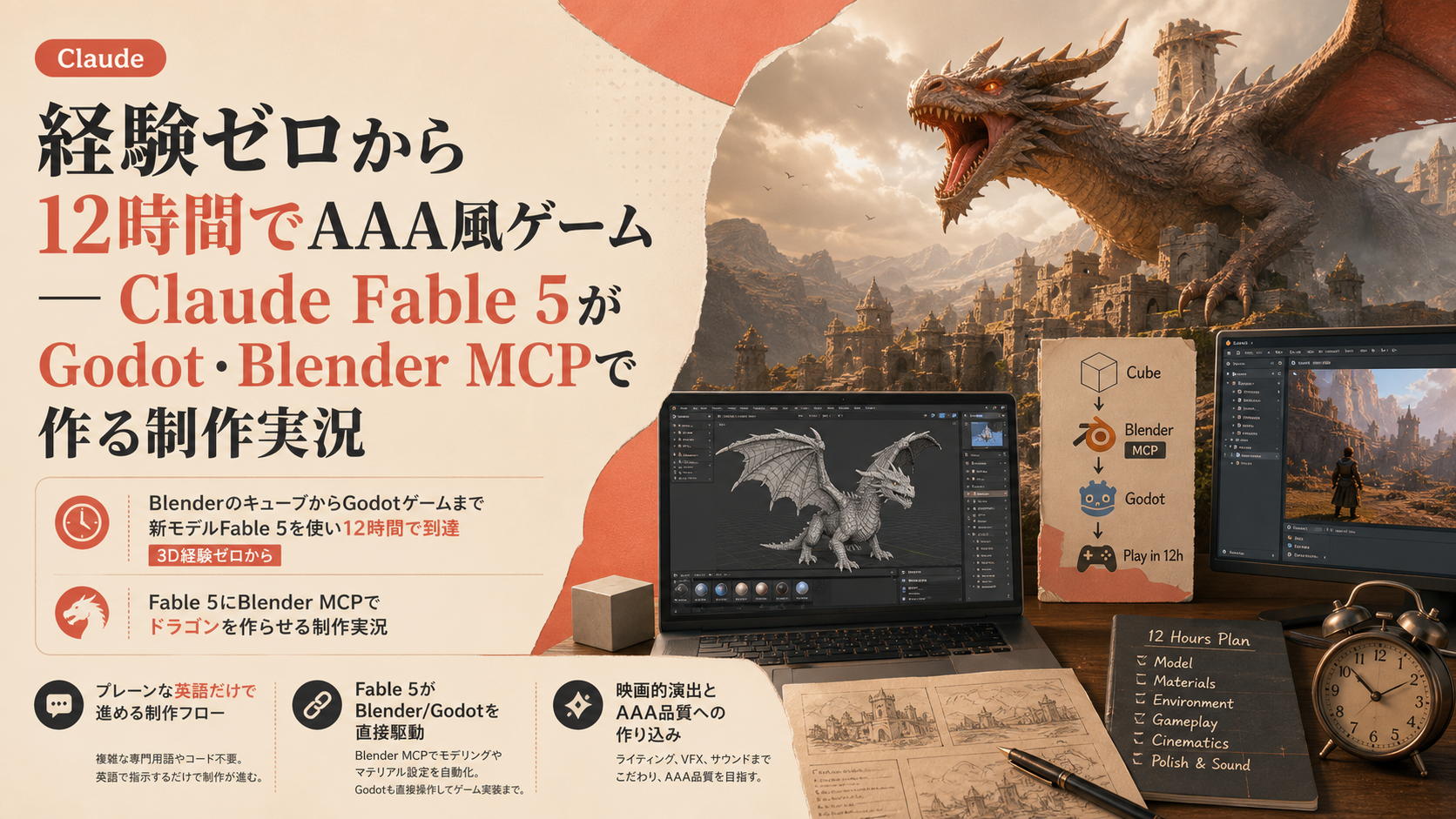 経験ゼロから12時間でAAA風ゲーム — Claude Fable 5がGodot・Blender MCPで作る制作実況