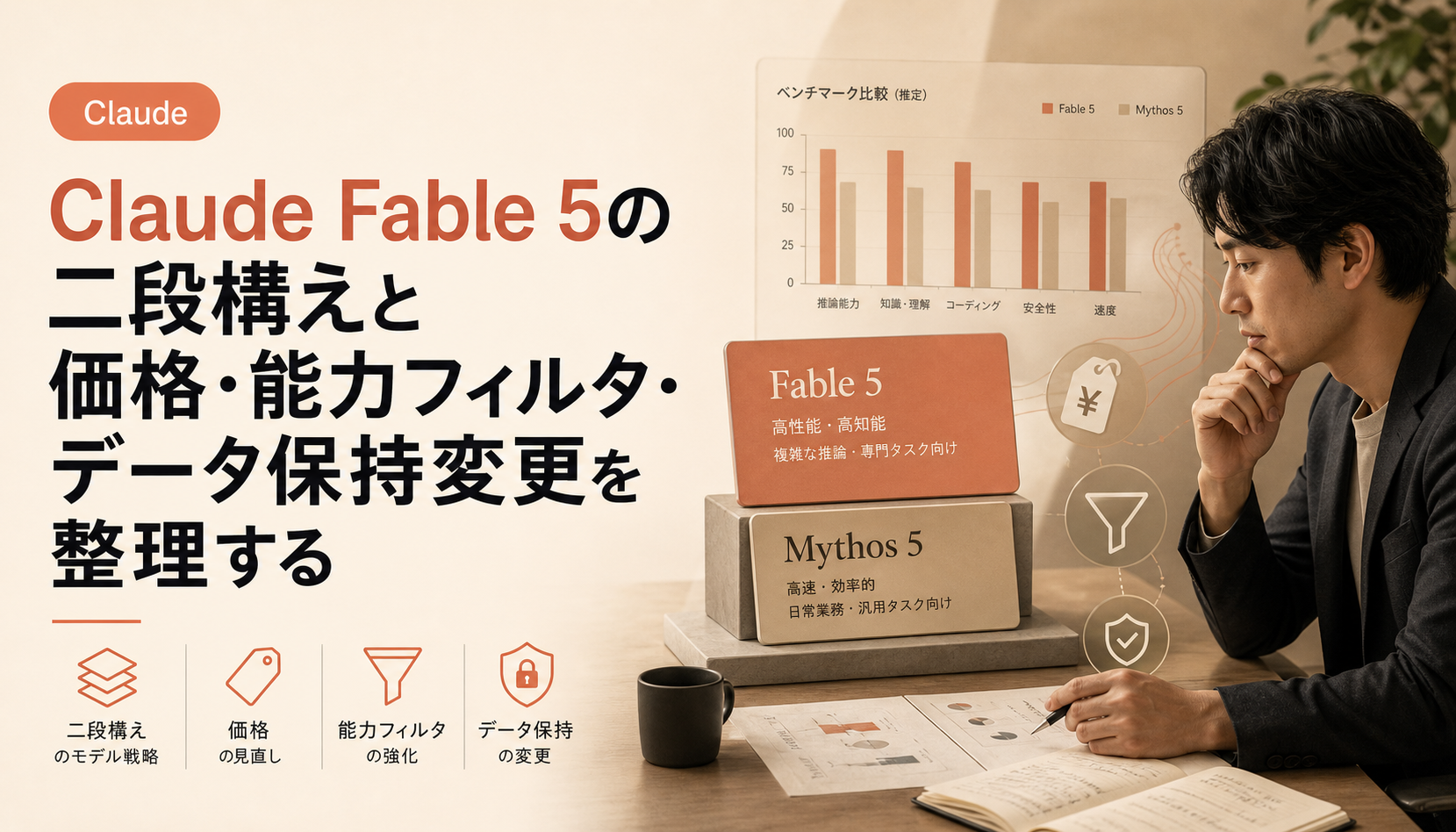 Claude Fable 5の二段構えと価格・能力フィルタ・データ保持変更を整理する