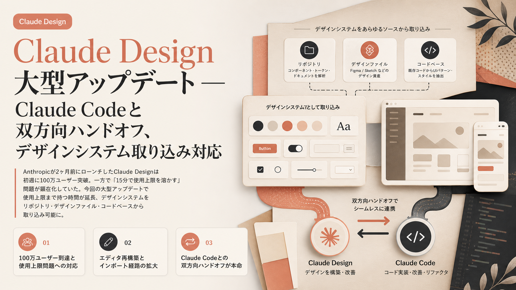 Claude Design 大型アップデート — Claude Codeと双方向ハンドオフ、デザインシステム取り込み対応