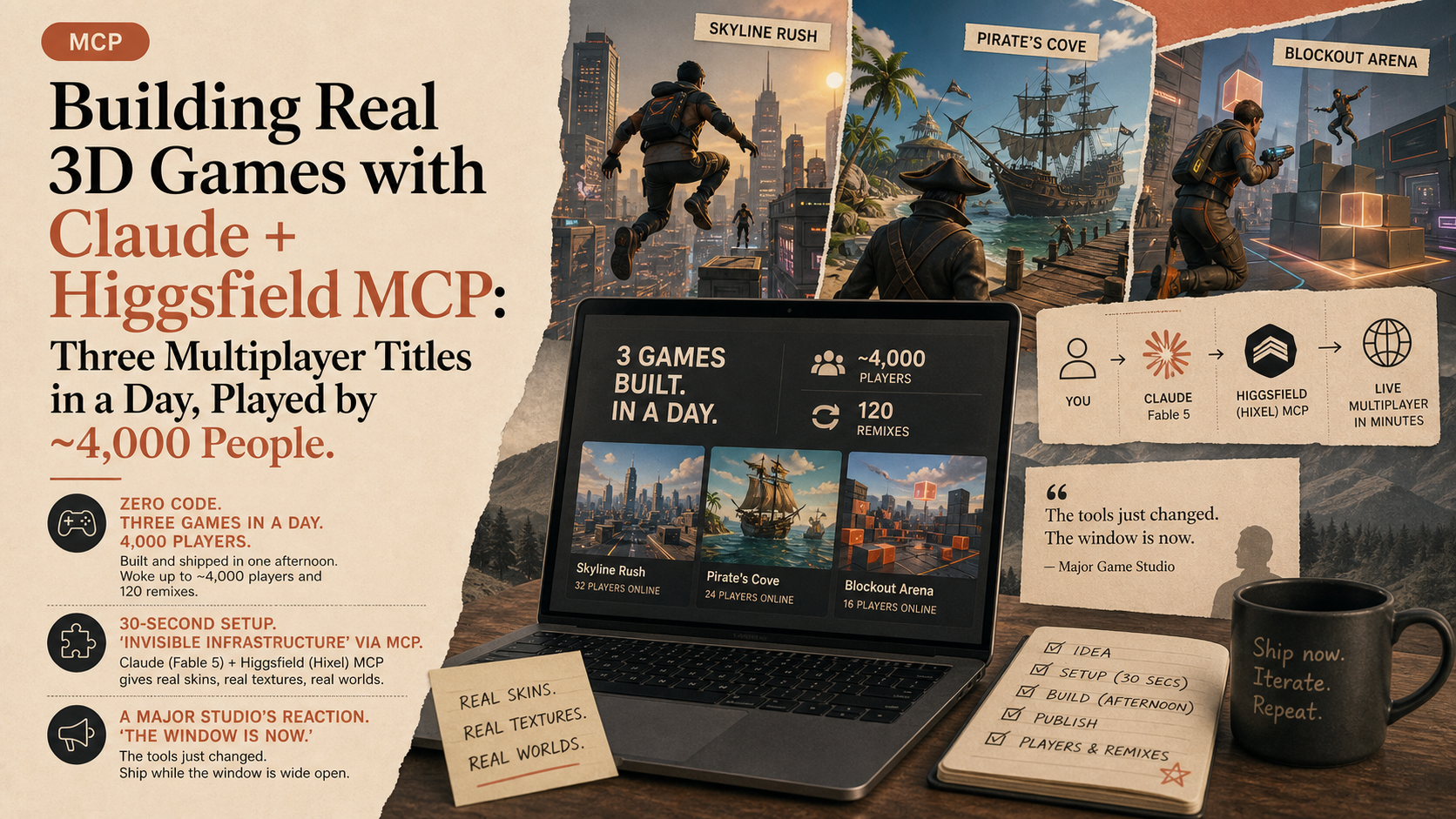 Building Real 3D Games with Claude + Higgsfield MCP: Three Multiplayer Titles in a Day, Played by ~4,000 People