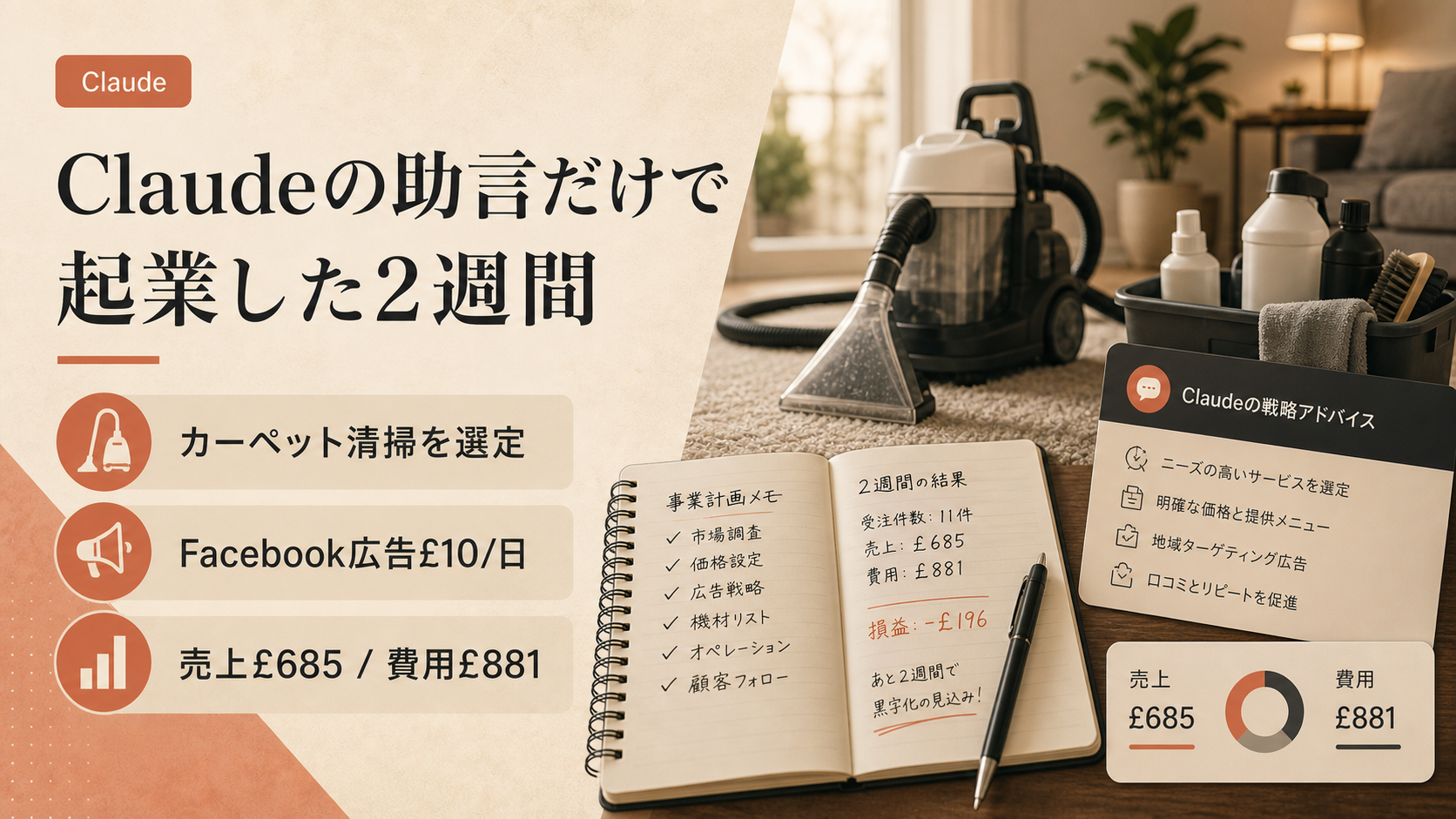 Claudeの助言だけでカーペット清掃業をゼロから立ち上げた2週間 — 売上£685と次に黒字化する手応え