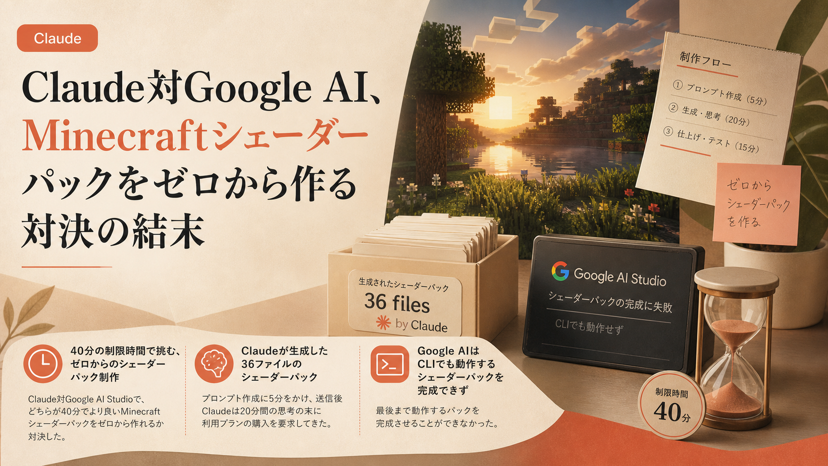 Claude対Google AI、Minecraftシェーダーパックをゼロから作る対決の結末