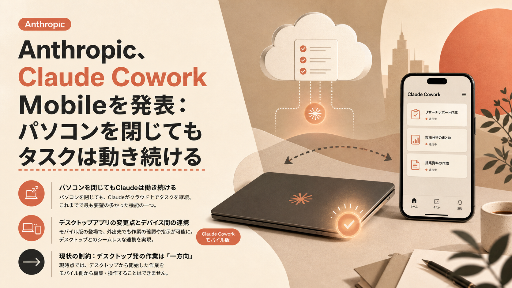 Anthropic、Claude Cowork Mobileを発表：パソコンを閉じてもタスクは動き続ける