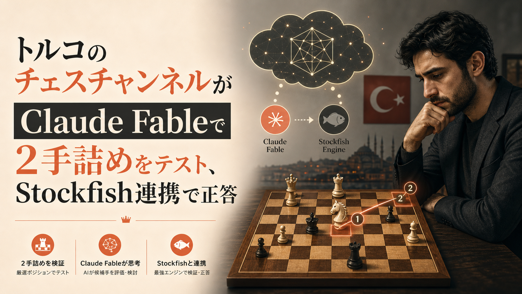 トルコのチェスチャンネルがClaude Fableで2手詰めをテスト、Stockfish連携で正答