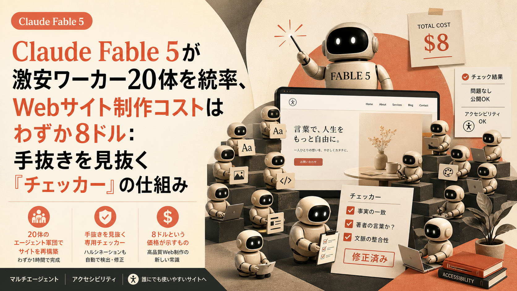 Claude Fable 5が激安ワーカー20体を統率、Webサイト制作コストはわずか8ドル：手抜きを見抜く『チェッカー』の仕組み
