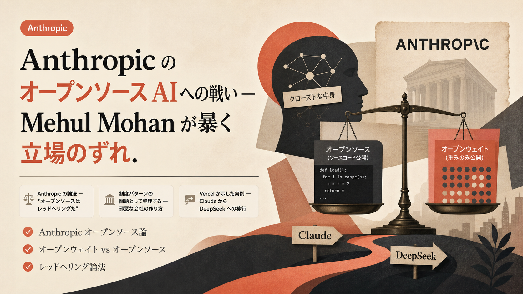 Anthropic のオープンソース AI への戦い — Mehul Mohan が暴く立場のずれ