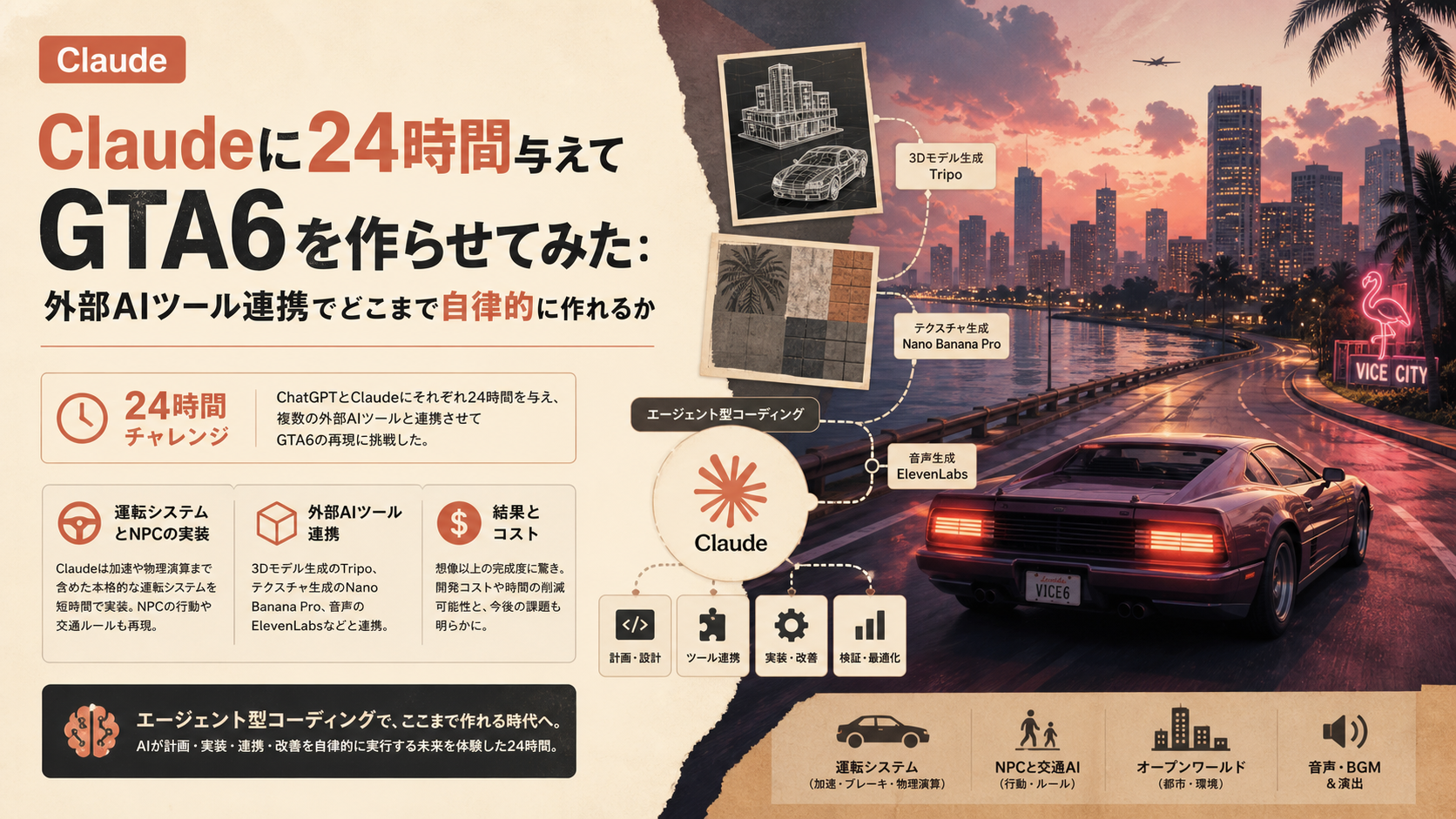 Claudeに24時間与えてGTA6を作らせてみた：外部AIツール連携でどこまで自律的に作れるか