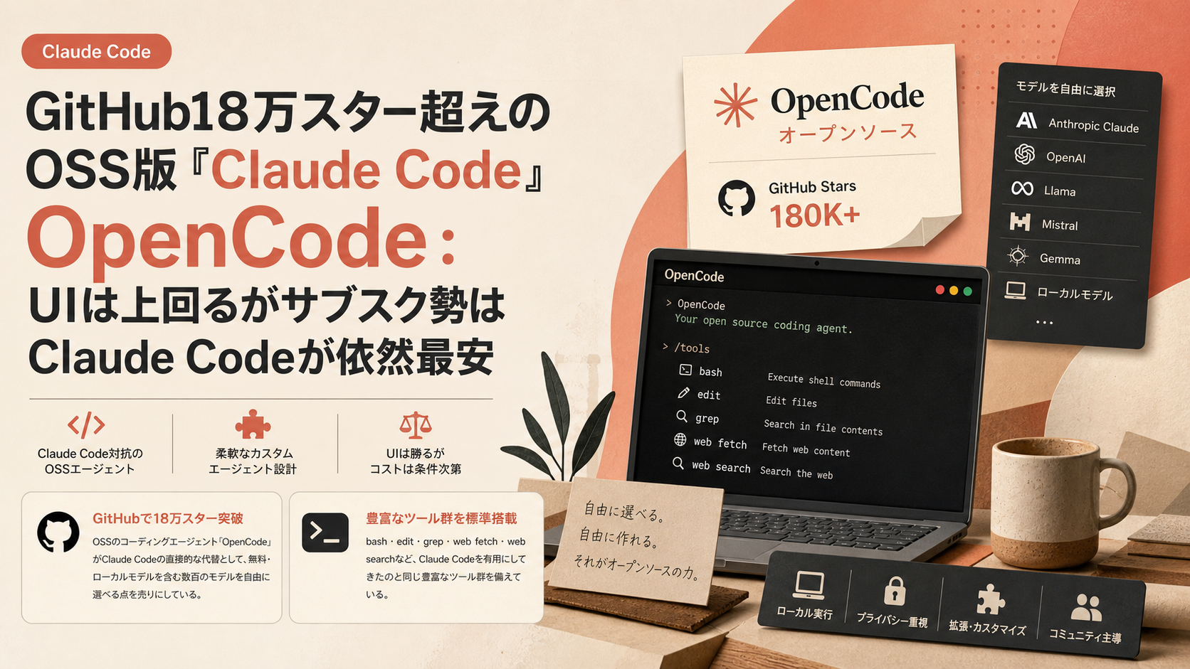 GitHub18万スター超えのOSS版『Claude Code』OpenCode：UIは上回るがサブスク勢はClaude Codeが依然最安