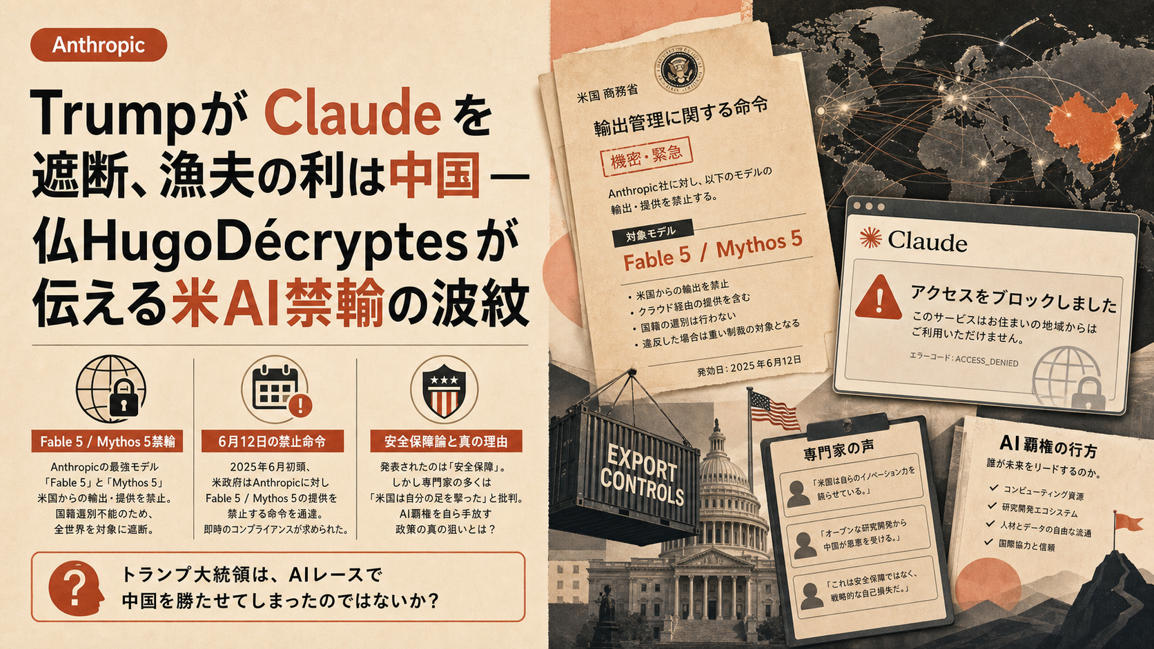 Trumpが Claude を遮断、漁夫の利は中国 — 仏HugoDécryptesが伝える米AI禁輸の波紋