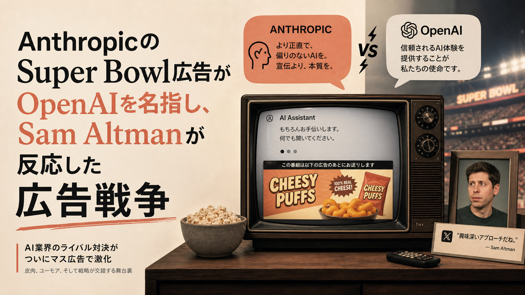 AnthropicのSuper Bowl広告がOpenAIを名指し、Sam Altmanが反応した広告戦争